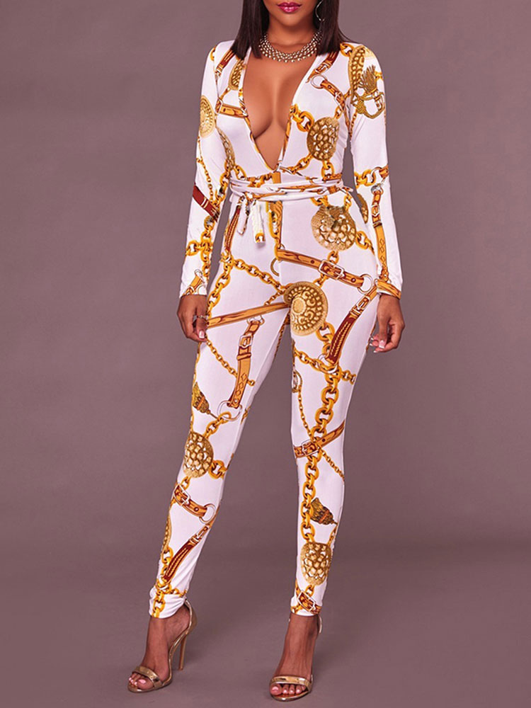 Women's Clothing Jumpsuits & Rompers | White Printed Stretch Polyester Jumpsuits For Women - FO31205