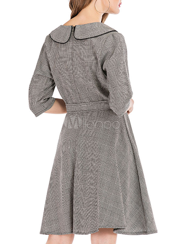 Black Plaid A-Line Peter Pan Collar Midi 1950s Dress