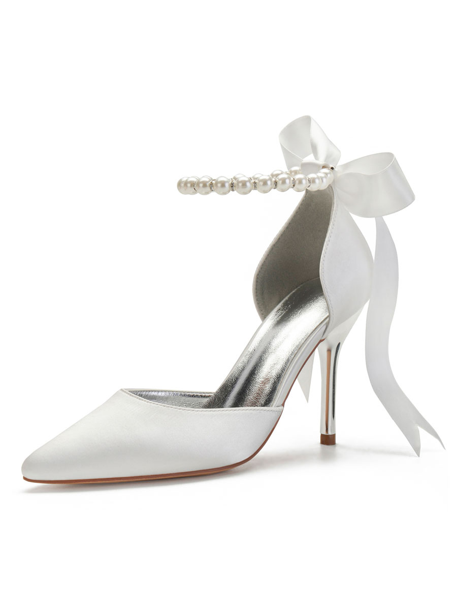 Zapatos de Fiesta | Zapatos de novia blanco satinado dedo del pie acentuado perlas arco trasero del tacón de aguja del tobillo del partido - TI82060