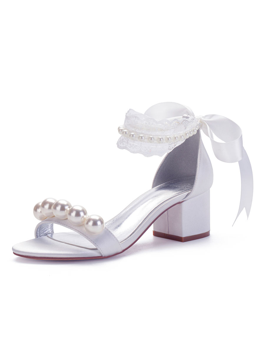 Zapatos de Fiesta | Zapatos de novia del dedo del pie en punta Chunky talón zapatos de boda blanco satinado Arcos - MZ91405