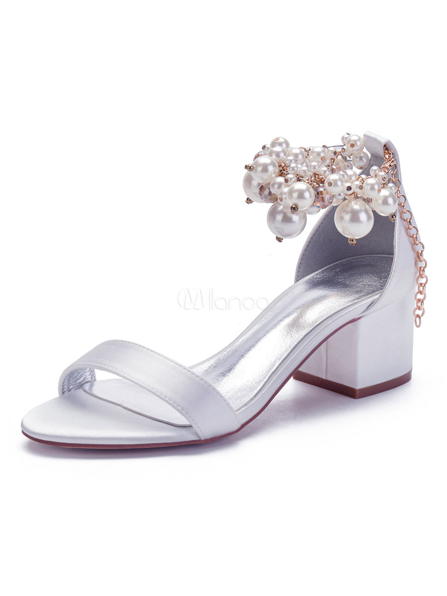 Wedding Shoes Champagne Satin Pearls Pointed Toe Stiletto Heel Bridal ...