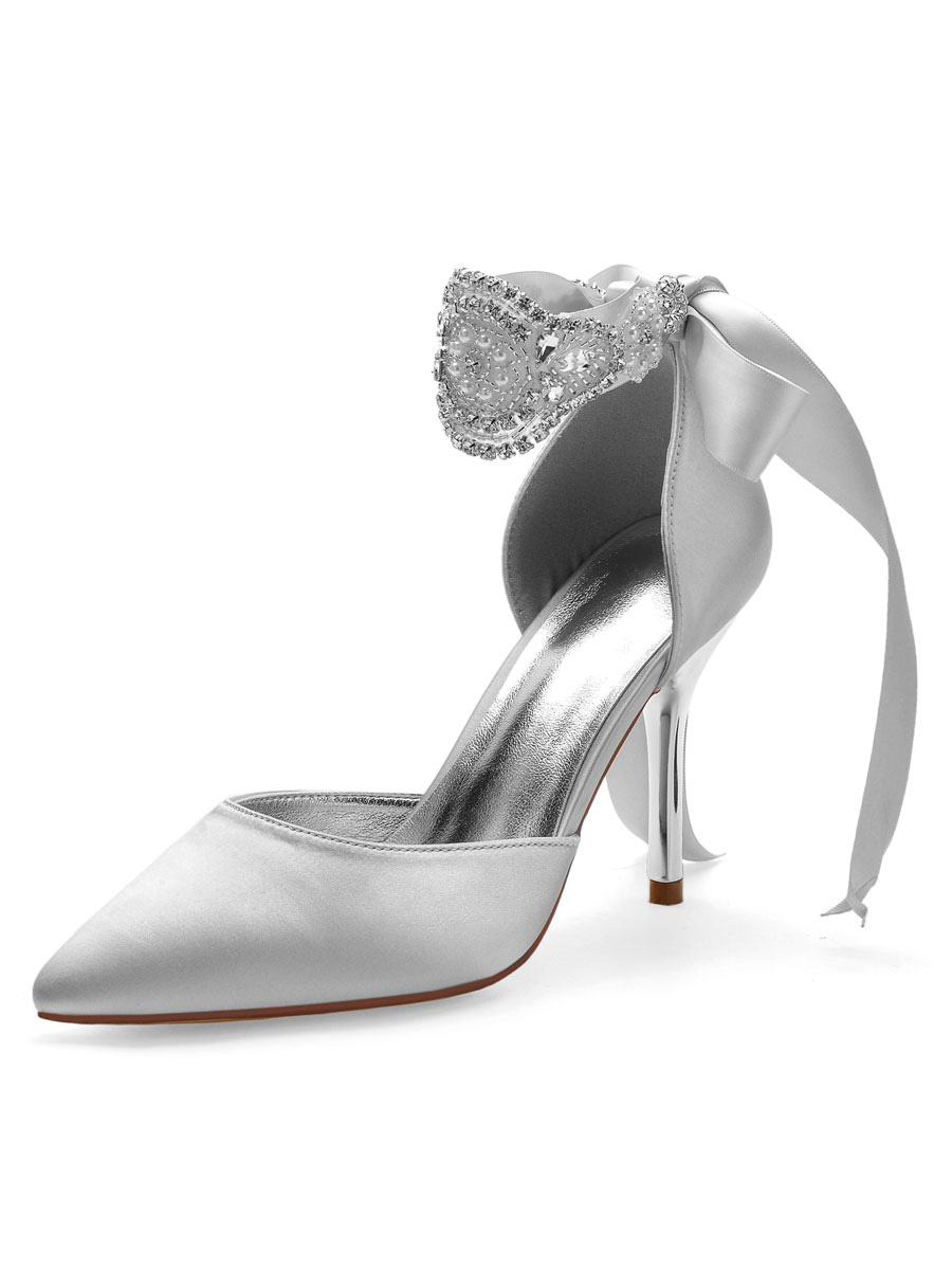 Zapatos de novia Zapatos de novia de tacón aguja con punta satén plateado - Milanoo.com