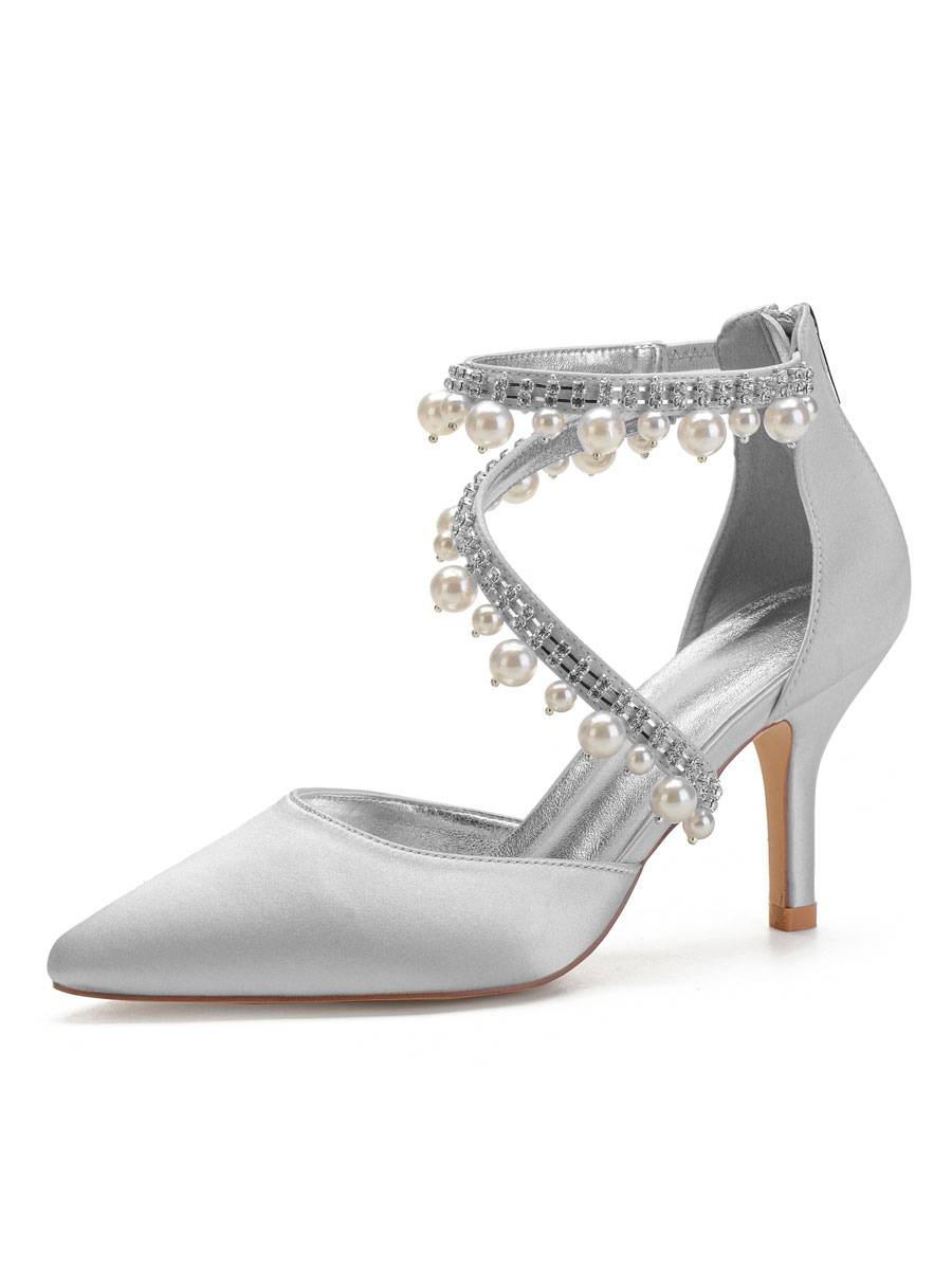 Zapatos de Fiesta | Zapatos de boda Perlas de raso plateadas Zapatos de novia de tacón de aguja con punta puntiaguda - YO61540