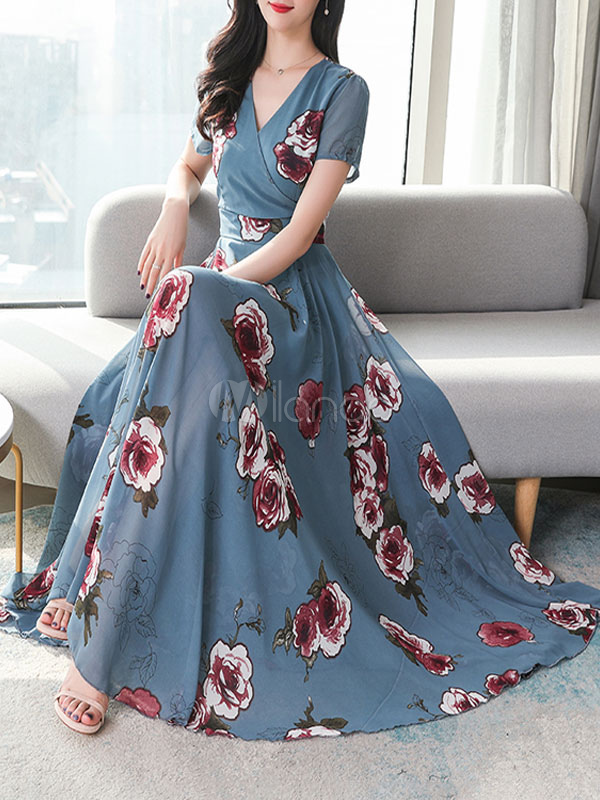 Floral Maxi Dress Chiffon Short Sleeves V Neck Long Dress - Milanoo.com