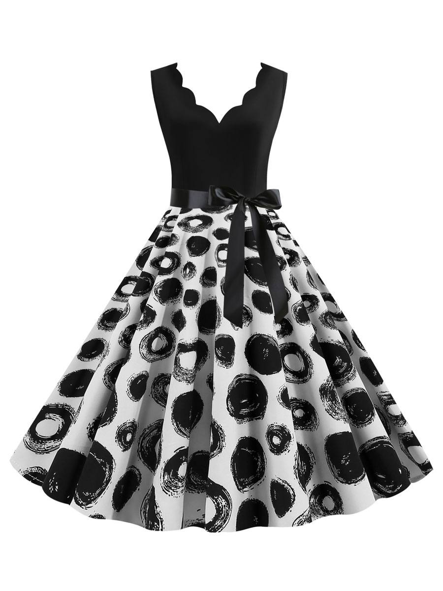 Mode Femme Robes | Robe rétro des années 1950 avec ceinture imprimée noire sans manches à col en V - YR69246