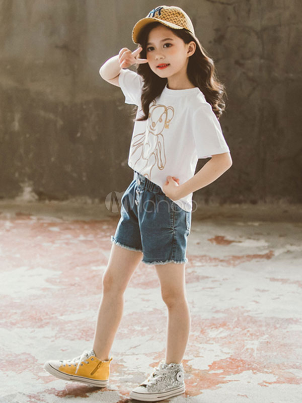 Conjuntos de ropa para niñas de 4 a 11 años Camiseta blanca de manga corta  y pantalones cortos 