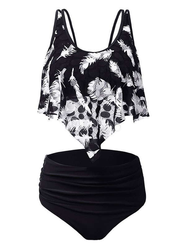 Women Two Piece Swimsuits Black Feather Printed Ruffles Summer Sexy ...
