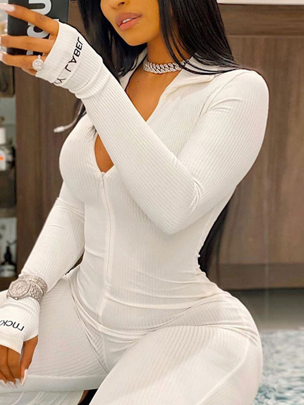 Women's Clothing Jumpsuits & Rompers | White Long Sleeves Zipper Skinny Jumpsuits For Women - SF94288