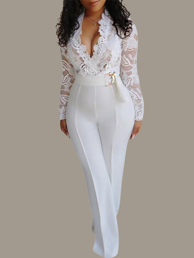 White Jumpsuit V Neck Long Sleeves Lace Wide Leg Summer One Piece