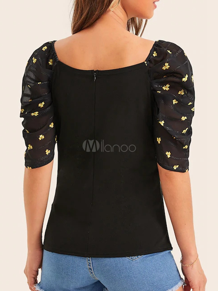 Puff Sleeves Tees Black Women Tee Shirt - Milanoo.com