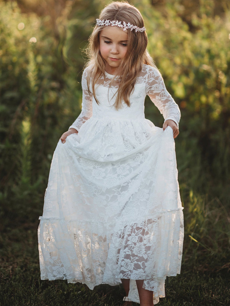 Mariage Robes de soirée pour mariage | Robe de fille de fleur ivoire en dentelle col rond manche longue robe cortège enfant - DH45386