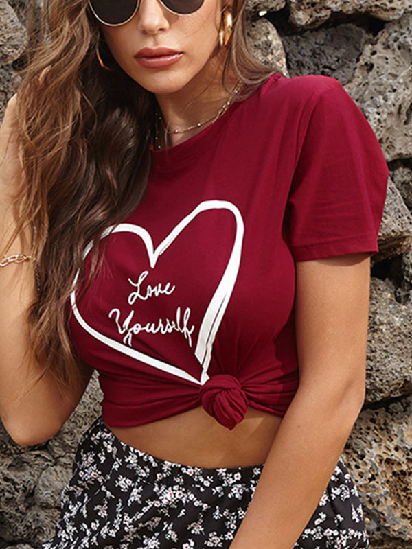 Mode Femme Tops | T-shirt à manches courtes imprimé slogan à col bijou en coton mélangé pour femme - SN09708
