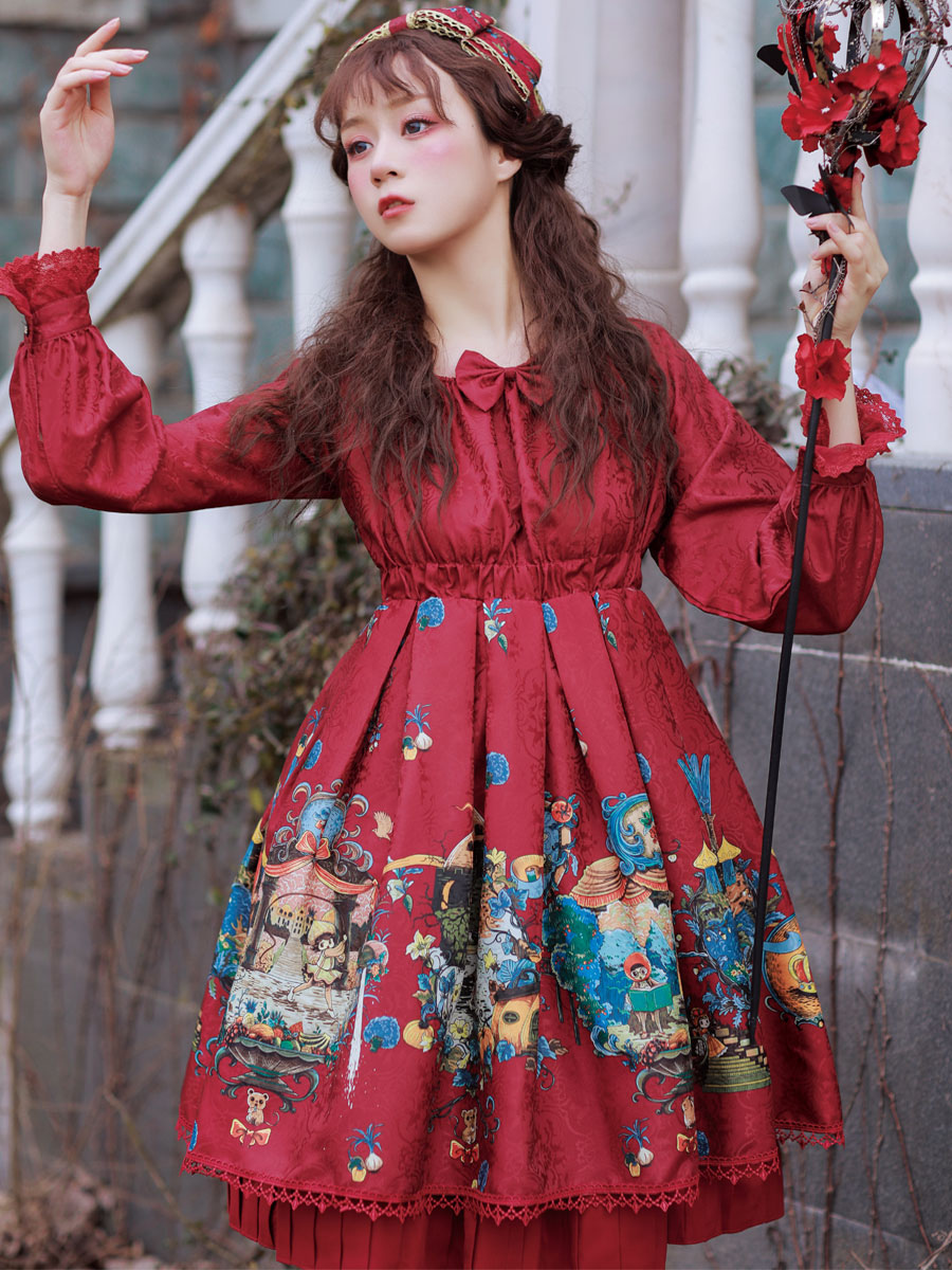 Classic Lolita Op Dress Strawberry Witch Print Long Sleeves Lolita One Piece Dresses Lolitashow Com