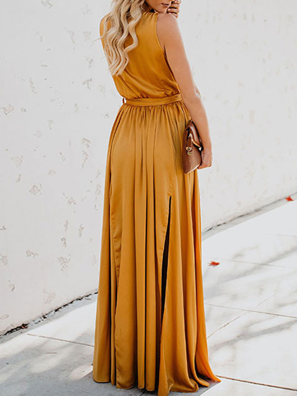 Maxi Dress Sleeveless Yellow V Neck Knotted Long Dress - Milanoo.com