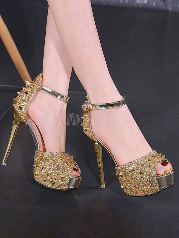 Women Sexy High Heels Silver Peep Toe Studed Sexy Sandals - Milanoo.com