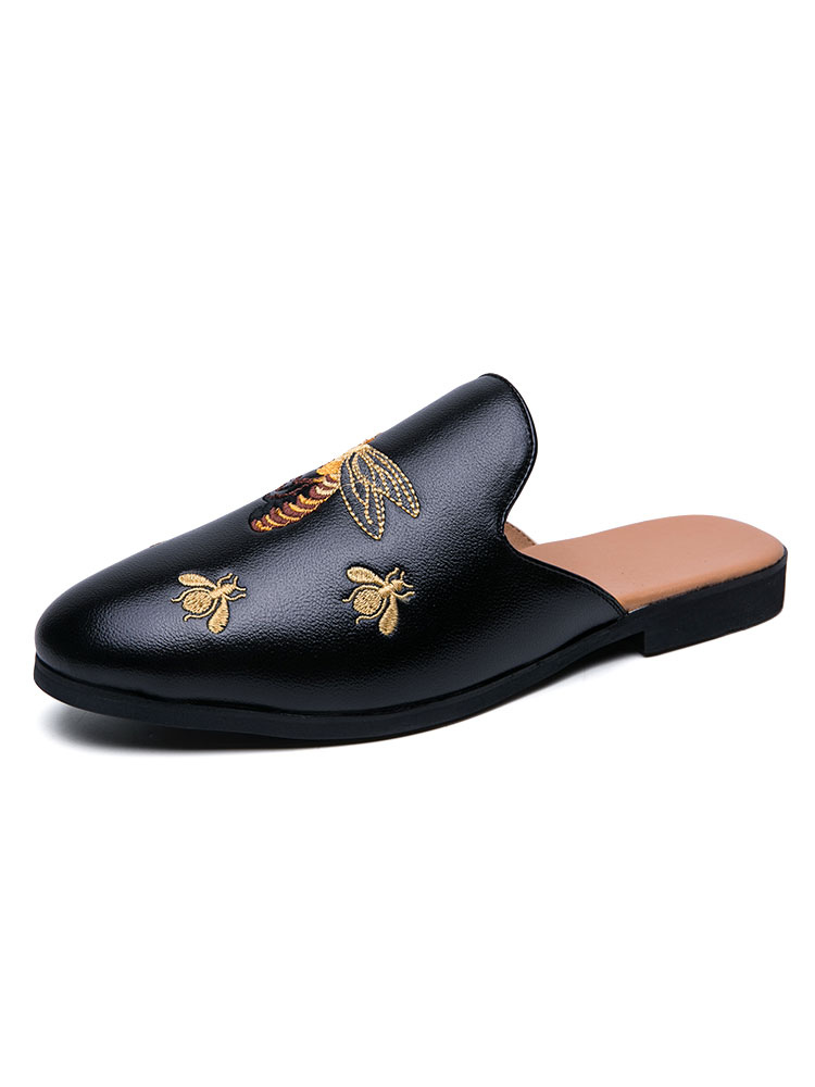 Men's Sandals Slip-On Embroidered Leather Rubber Sole Men's Mules -  Milanoo.com
