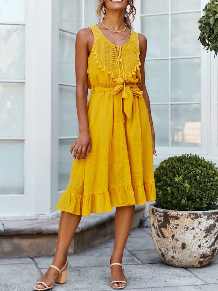 Moda Mujer Vestidos | Jewel verano vestido amarillo de cuello vestido sin mangas de la borla de la playa - RE74072