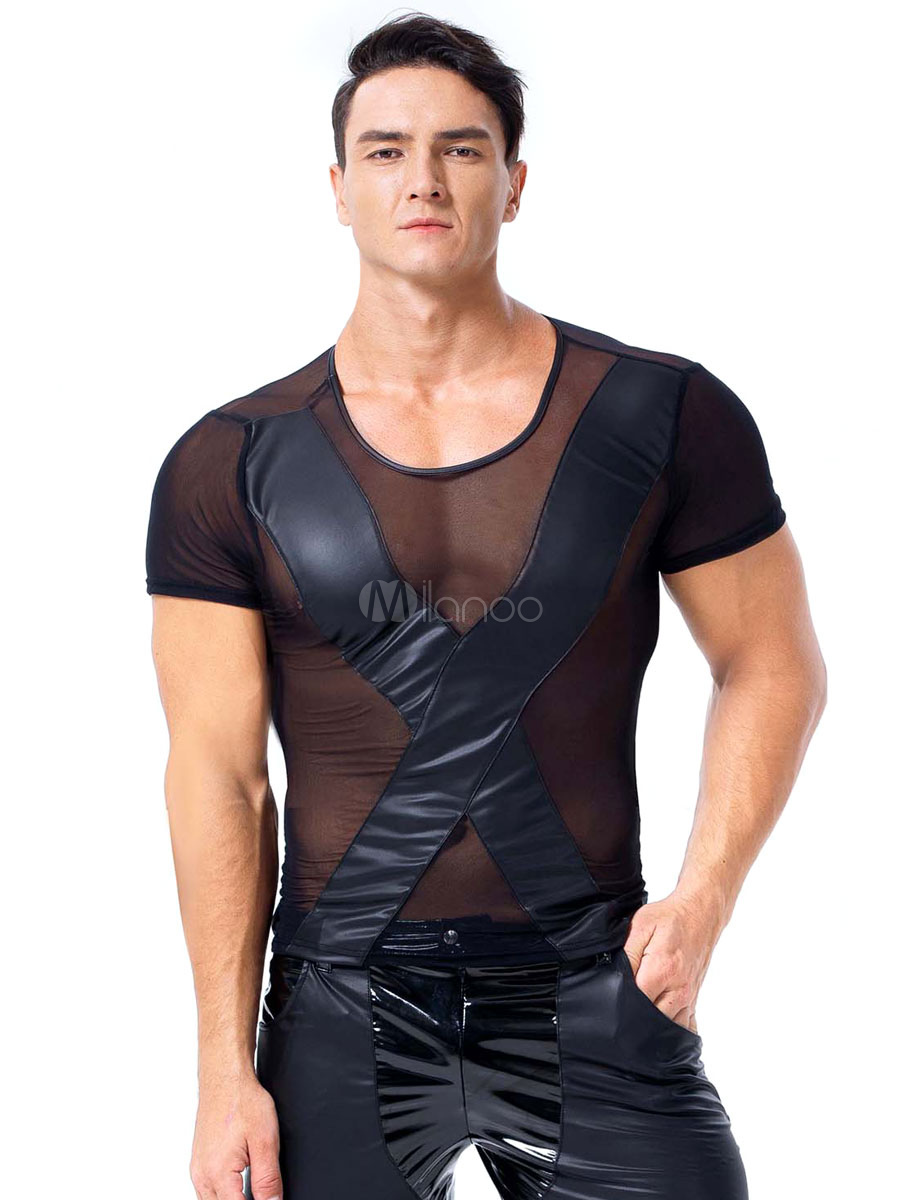 Men Sexy Costume Sheer Stripper Costume Pu Leather Night Club T Shirt ...