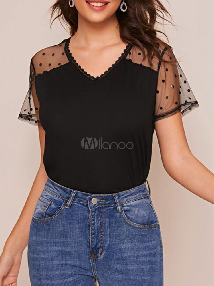 Camisetas de manga corta Camiseta verano transparente con de pico negro para mujer - Milanoo.com