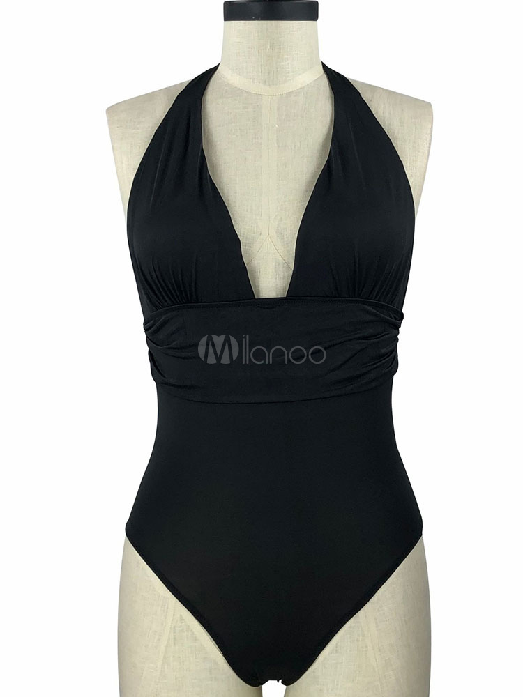 Plus Size Swimsuits For Women Black Polyester Halter Women's Swimsuit