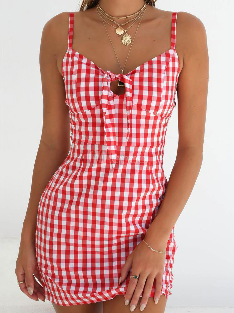 Robe d'été bretelles col à carreaux arcs robe de plage rouge
