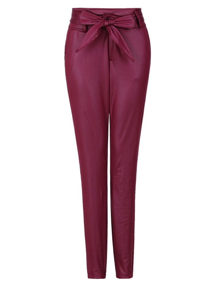 Women's Clothing Women's Bottoms | Pants Burgundy Leather Raised Tapered Fit Solid Color Waist Trousers - FP30420