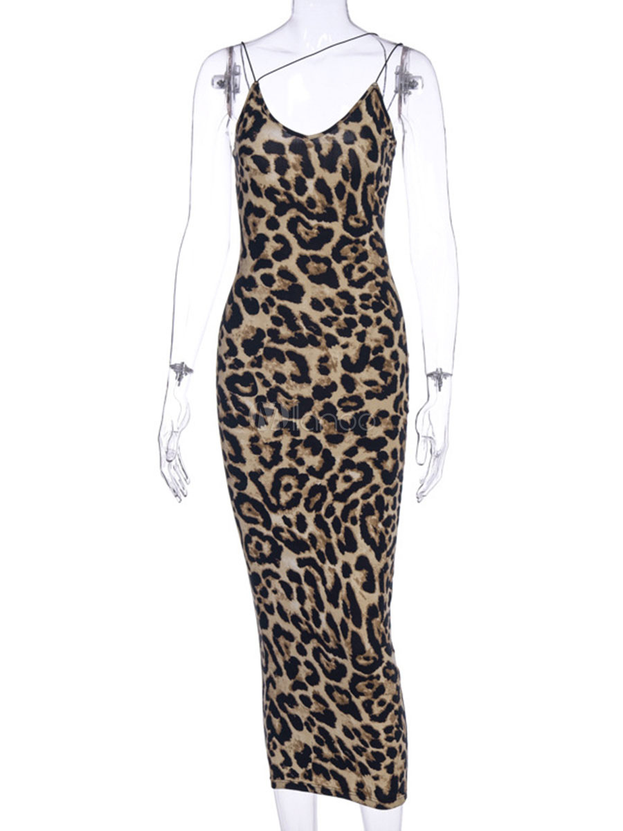 Bodycon Dresses Leopard Animal Print Sleeveless Sexy V-Neck Midi Dress ...