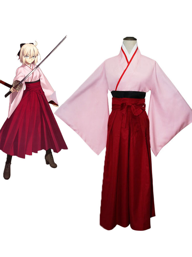 Fate Grand Order Sakura Saber Okita Souji Pink Kimono Cosplay Costume ...