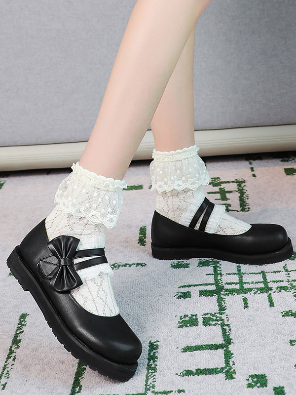 Sweet Lolita Footwear Black Ruffles Bows PU Leather Flat Lolita Shoes -  