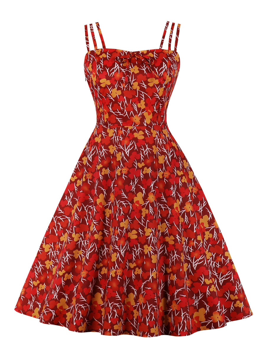 Robes de Vintages Femmes 1950s Imprimés robe fleurie avec Bretelles à
