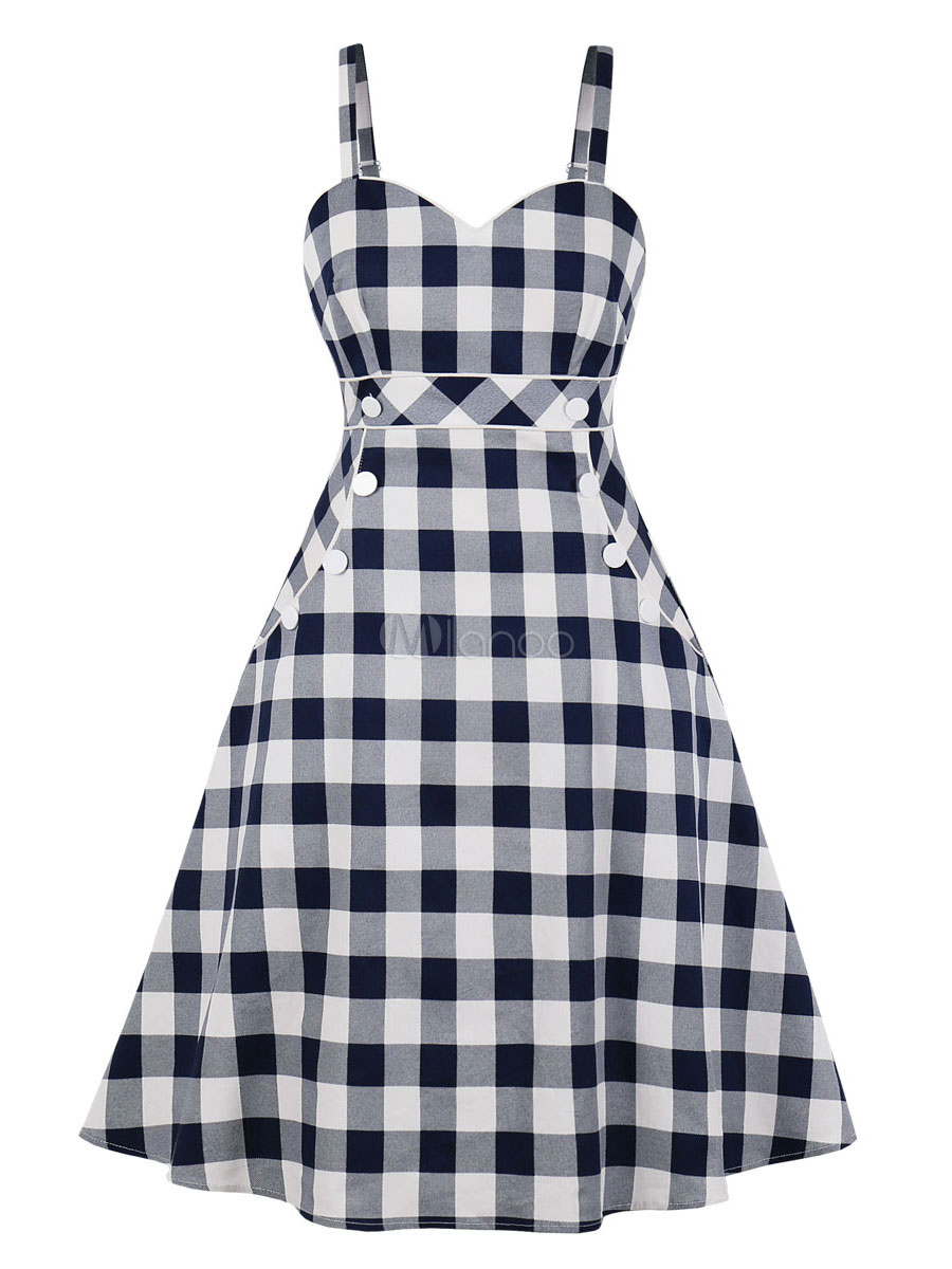 レトロなドレス1950年代ストラップネックレイヤードノースリーブの女性の格子縞のロカビリードレス Milanoo Jp
