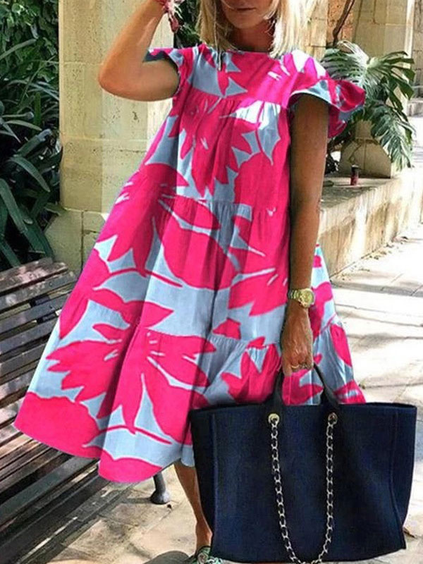 Women's Clothing Dresses | Shift Dress Rose Jewel Neck Polyester Layered Floral Print Fantastic Midi Dress - IF42536