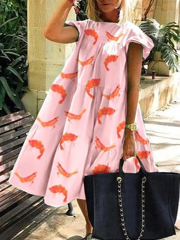 Women's Clothing Dresses | Shift Dress Rose Jewel Neck Polyester Layered Floral Print Fantastic Midi Dress - IF42536
