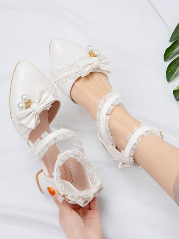 Costumes Lolita | Sweet Lolita Footwear White Bows Lace Leather Puppy Heel Lolita Pumps - CH09913