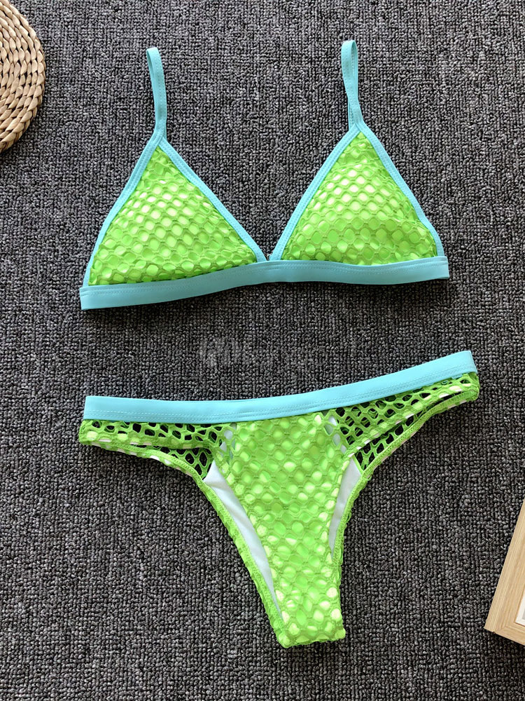 String Bikini Swimsuit Neon Green Mesh Cut Out Summer Sexy Bathing Suits