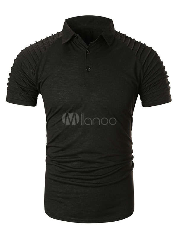 Mens Polo Shirt Black Turndown Collar Short Sleeves Buttons Polo Shirts