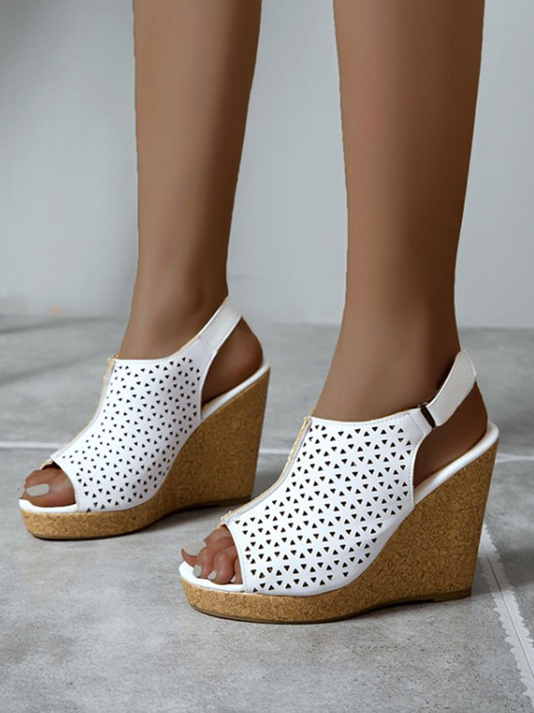 Chaussures Chaussures femme | Sandales compensées blanche en cuir synthétique boucle métal réglable - KS63486