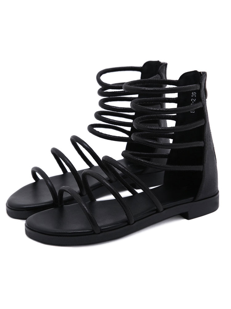 Black Gladiator Sandals Leather Square Toe Flat Rubber Sole Sandals ...