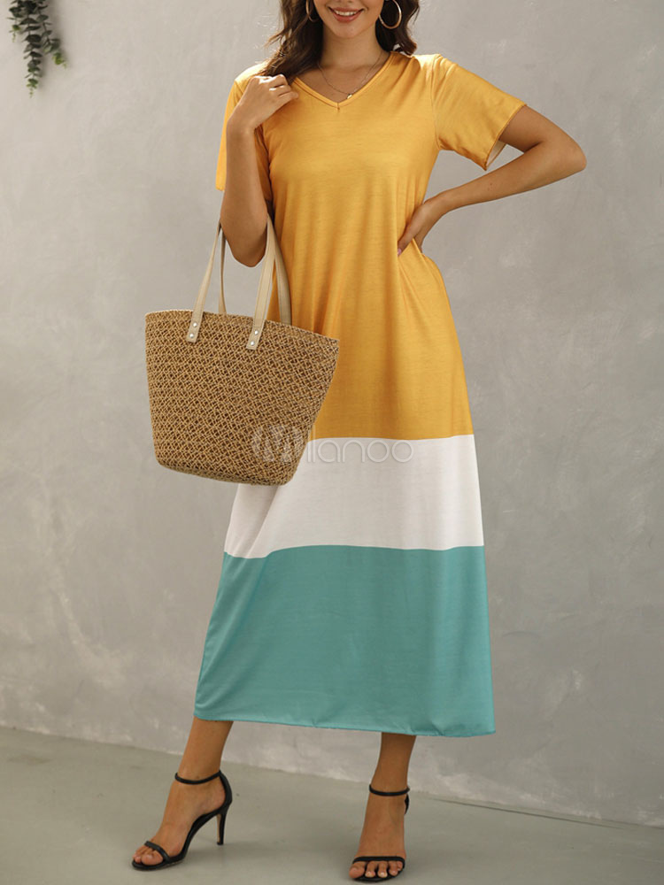 Vestidos largos de gran tamaño de verano de mezcla de algodón de bloque de color de manga corta - Milanoo.com