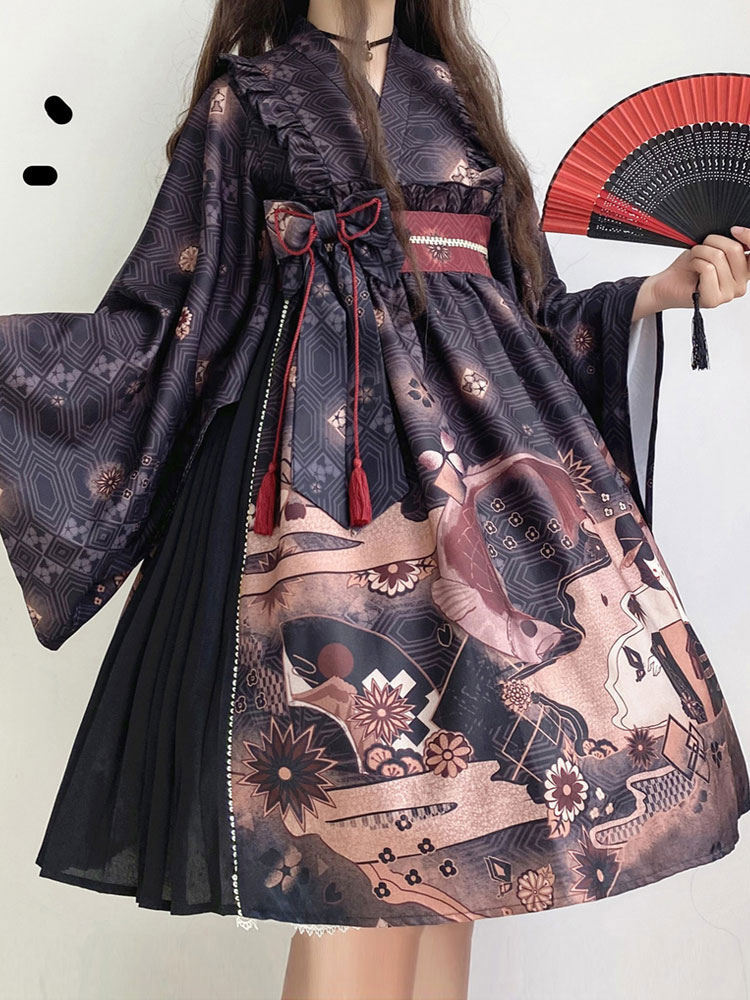Kimono Lolita Op Dress Bows Long Sleeve Lolita One Piece Dresses Milanoo Com