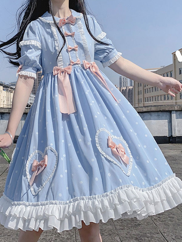 Sweet Lolita Op Dress Bows Polka Dot Heart Short Sleeves Lolita One Piece Dresses Lolitashow Com