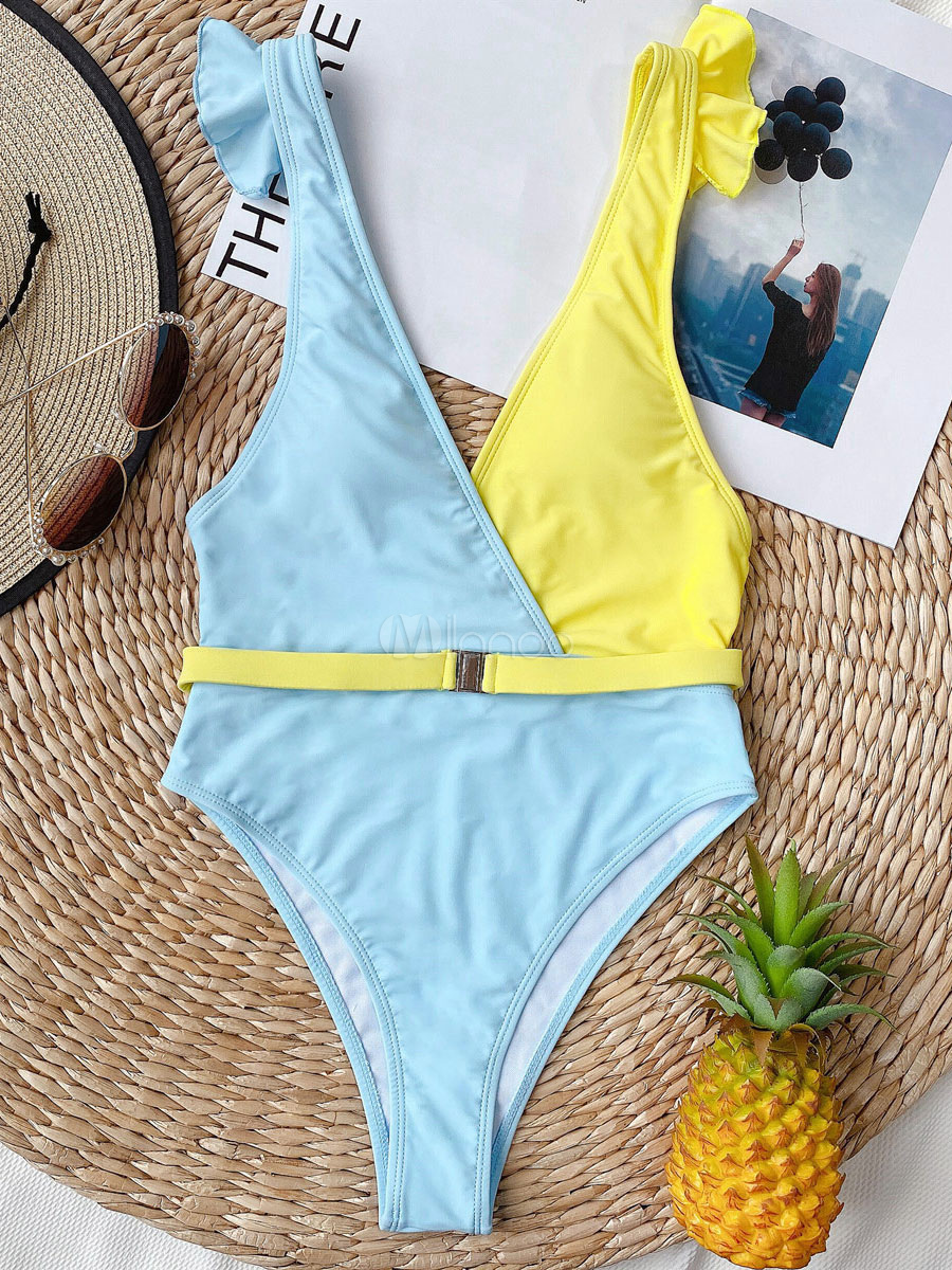 One Piece Swimsuits Two Tone V Neck Summer Sexy Bathing Suits