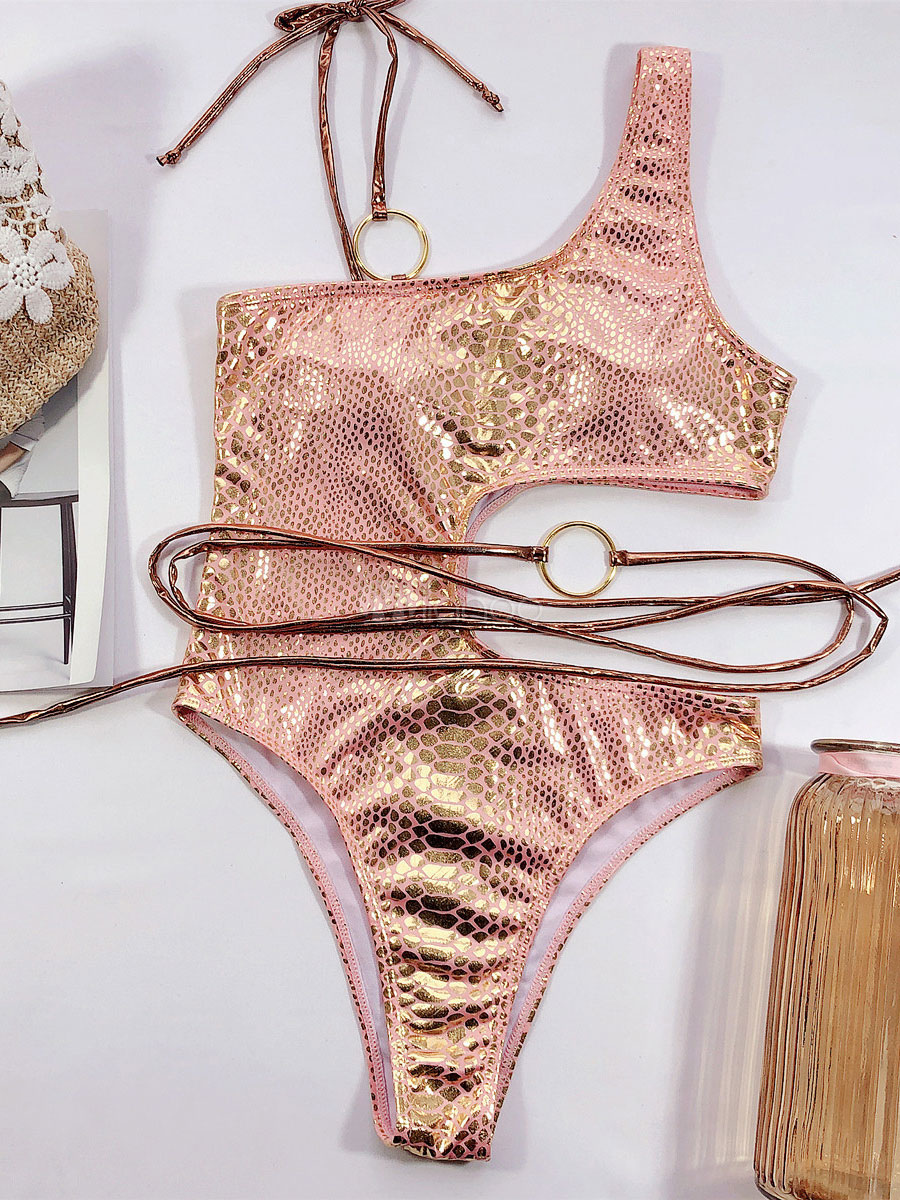 Sexy Monokini Swimsuits Snake Print Cut Out Lace Up Asymmetrical Beach