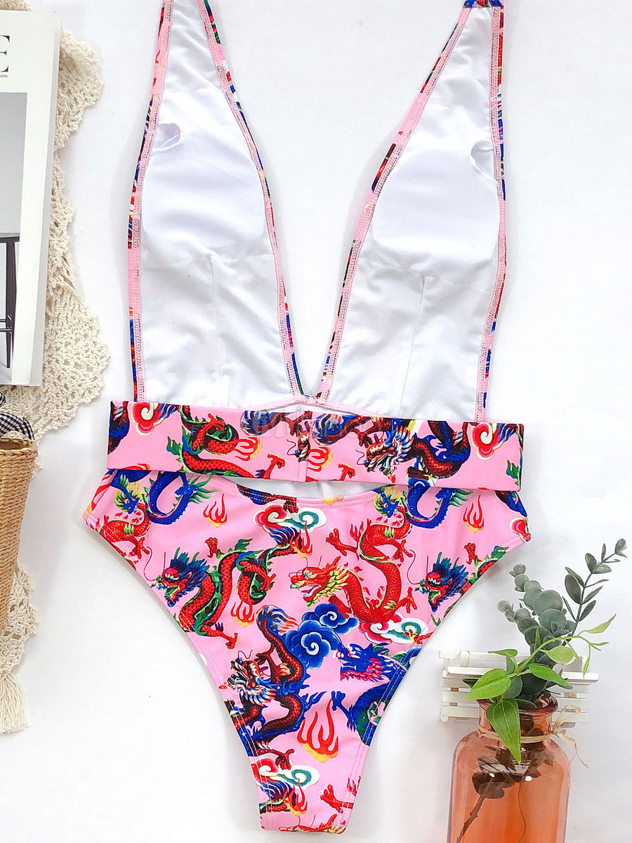 One Piece Swimsuits Dragon Printed Plunging Backless Summer Beach ...