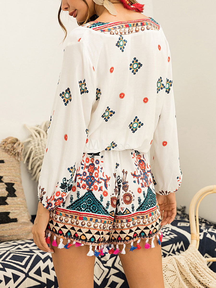 Boho Romper Shorts Tassels V Neck Long Sleeves Summer Playsuit