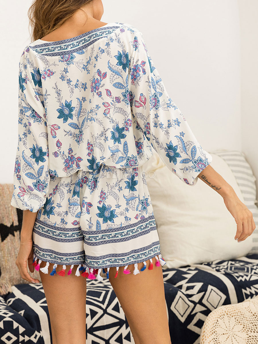 Boho Romper Shorts Tassels V Neck Long Sleeves Summer Playsuit