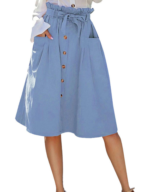 Paper Bag Skirt Buttons High Waist Women Midi Skirt With Pockets ...