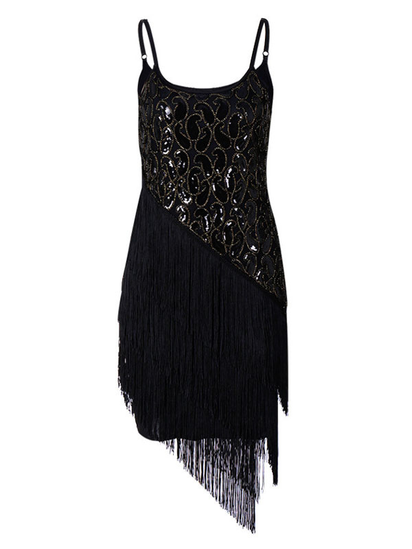 1920s Gatsby Dress Black Short Sleeves Sequin Fringe Retro Costume ...