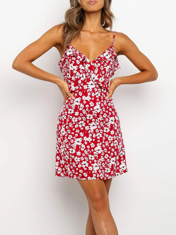 Summer Dress Ditsy Floral Print Ruffles Cotton Slip Dress - Milanoo.com