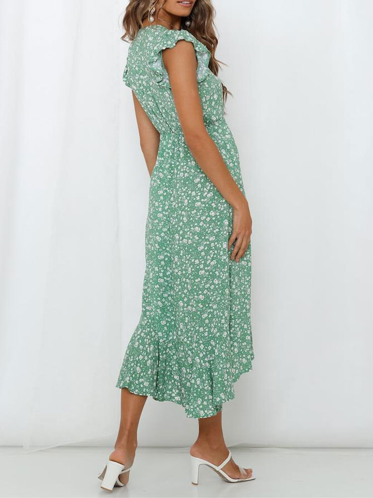 Green Maxi Dresses Ditsy Floral Print V Neck High Low Summer Dress ...